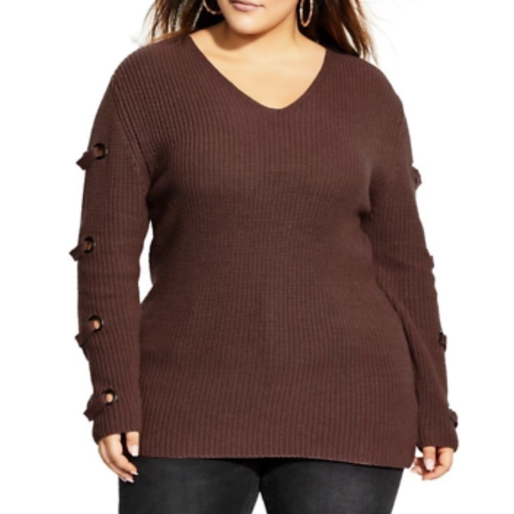 City Chic brown ribbed sweater with eyelet sleeve, NWT, 16